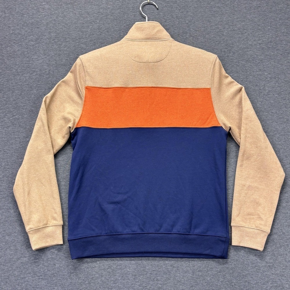 IZOD Sweatshirt Mens Small Camel Orange Navy Colorblock 1/4 Zip Stretch Fleece - Picture 10 of 13